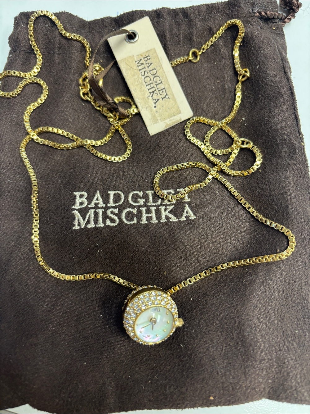 Badgley Mischka Gold Crystal-Trim Pendant Necklace Watch